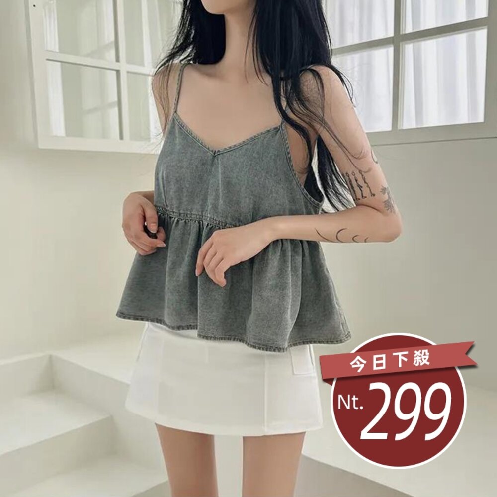 26058253298-【台灣發貨】韓版復古百摺牛仔背心 小可愛 背心 衣服 女裝 上衣【V388】