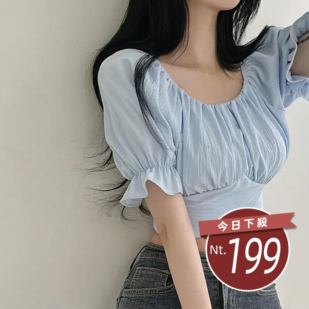 26180703875-【台灣發貨】韓版交叉皺褶綁帶短版上衣 衣服 女裝 t恤 短袖t恤 上衣【T615】