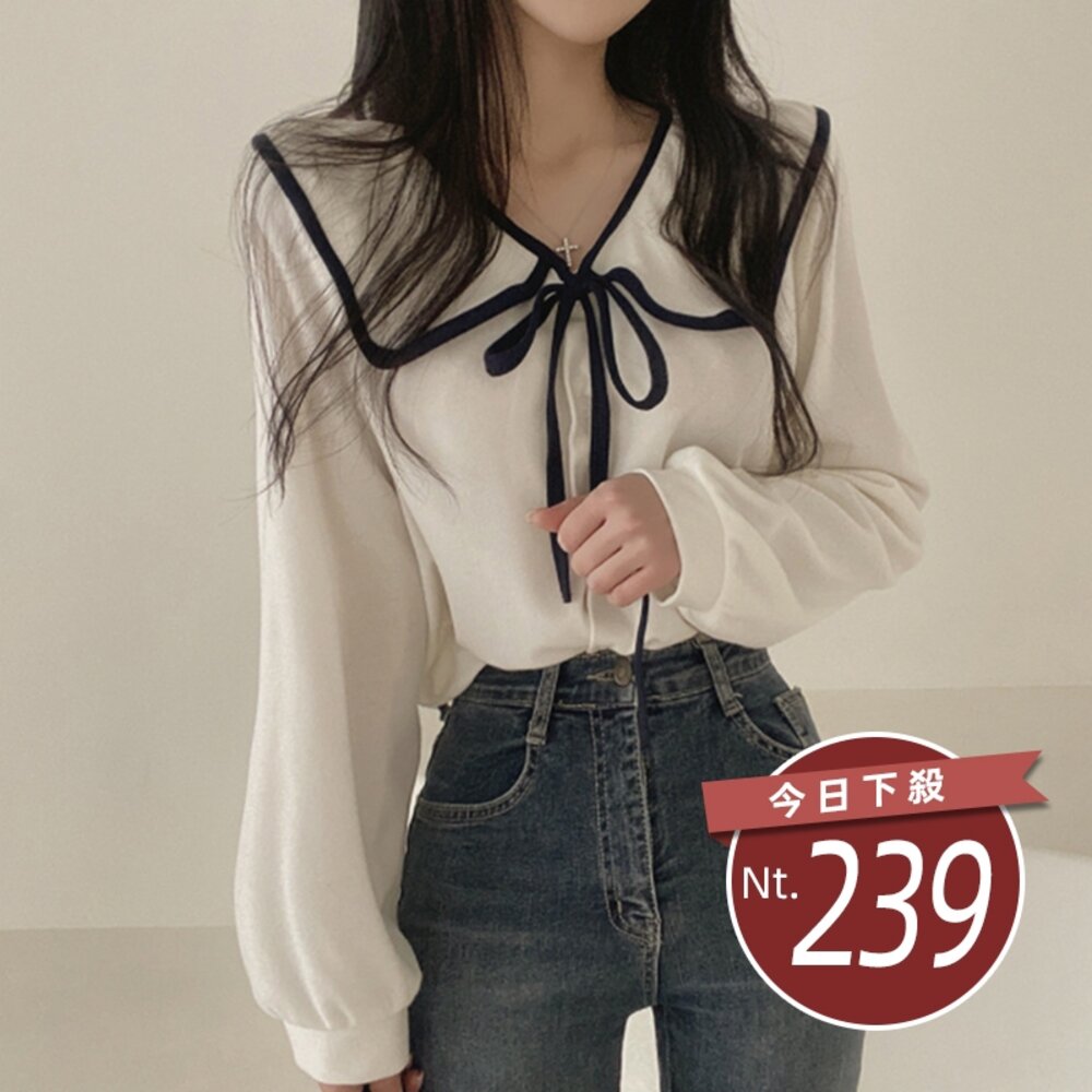 26220646836-【台灣發貨】韓版法式氣質大翻領設計感長袖襯衫 長袖上衣 長袖t恤 衣服 女裝 上衣【W406】
