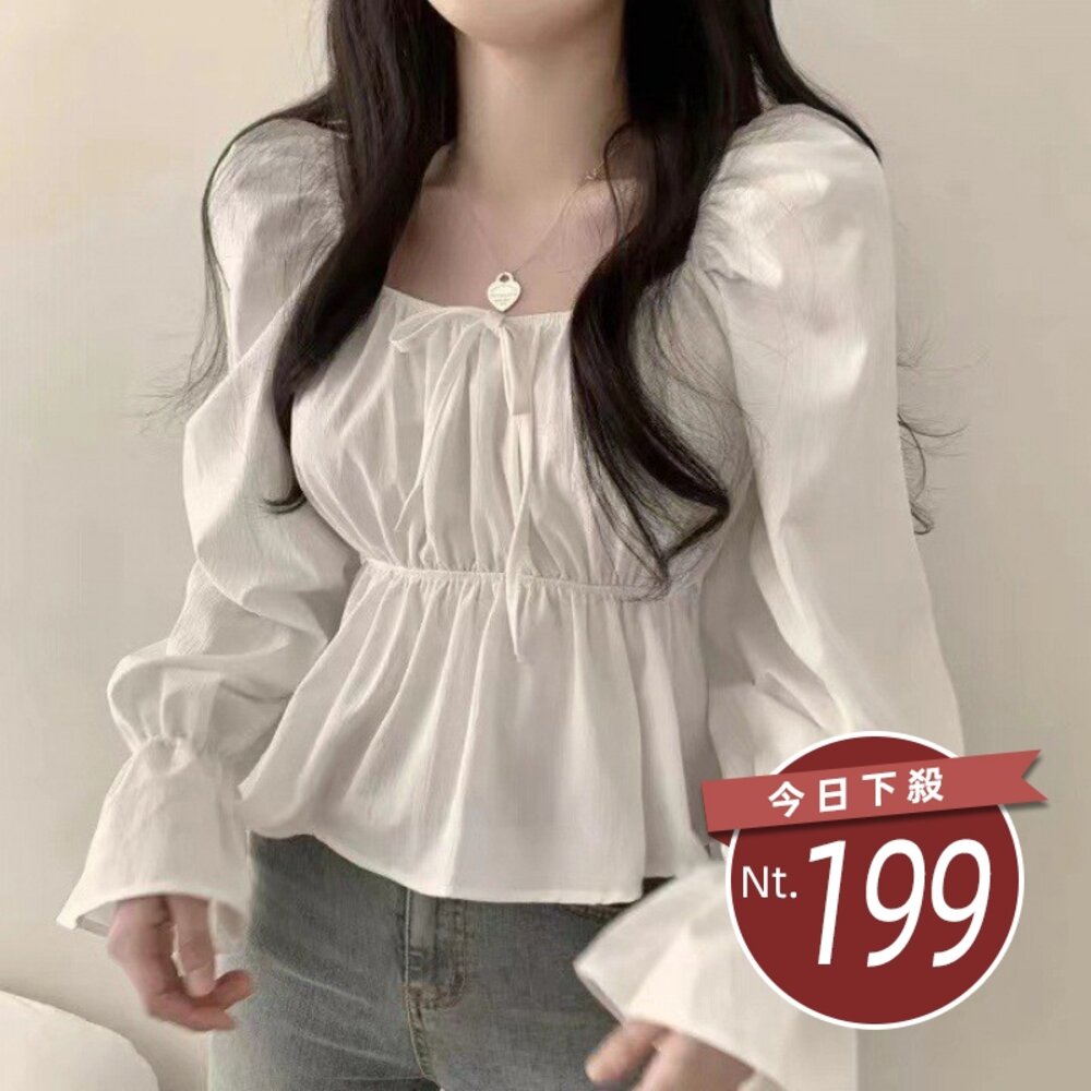 26366292097-【台灣發貨】韓版方領繫帶收腰荷葉邊喇叭袖顯瘦襯衫 長袖上衣 長袖t恤 衣服 女裝 上衣【W537】