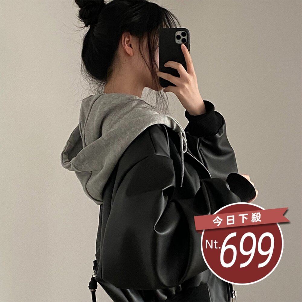 26522443144-【台灣發貨】韓版小眾拉鍊寬鬆假兩件連帽皮衣外套 外套 防曬外套 女裝 上衣 衣服【J375】