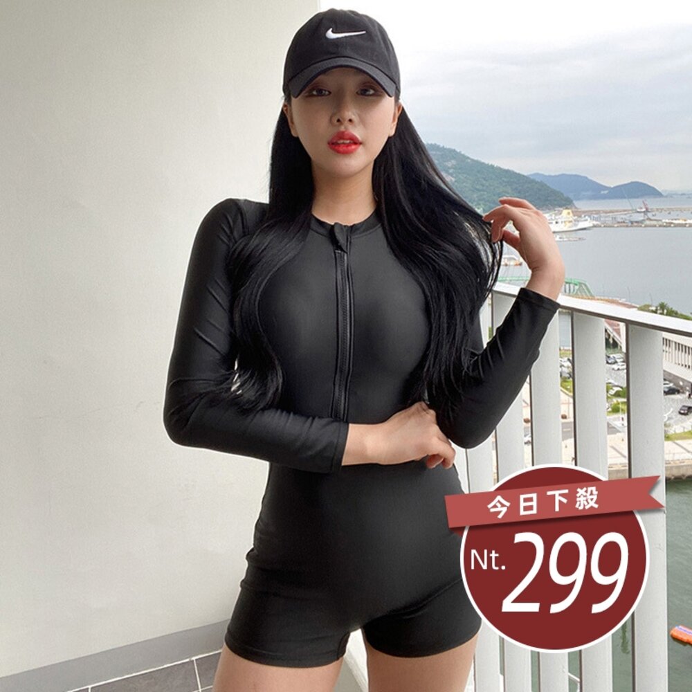 26557970889-【台灣發貨】韓版彈性緊身顯瘦長袖連身泳衣【S133】