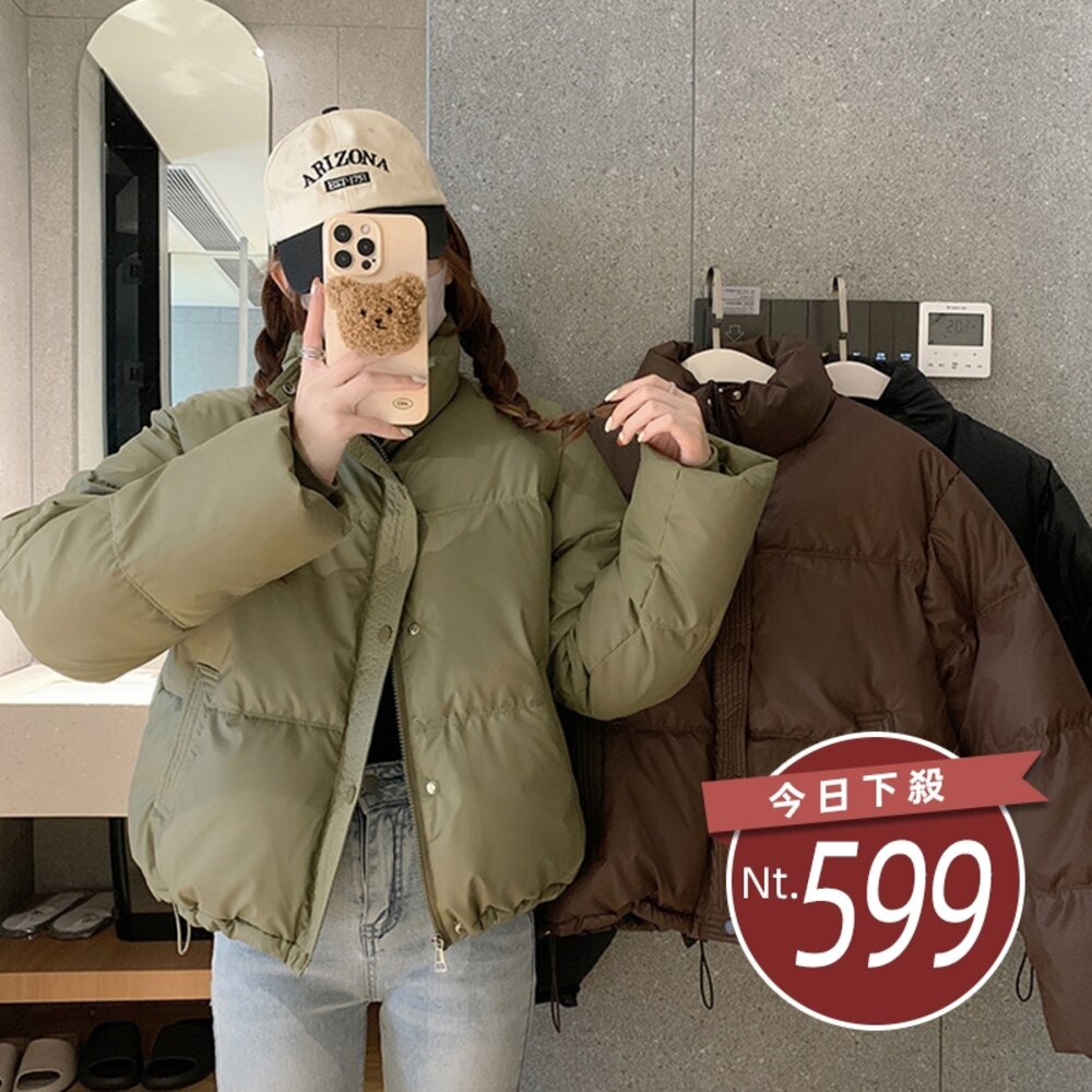 26624292966-【台灣發貨】韓版免洗PU皮立領寬鬆短版外套 外套 防曬外套 女裝 上衣 衣服【J364】