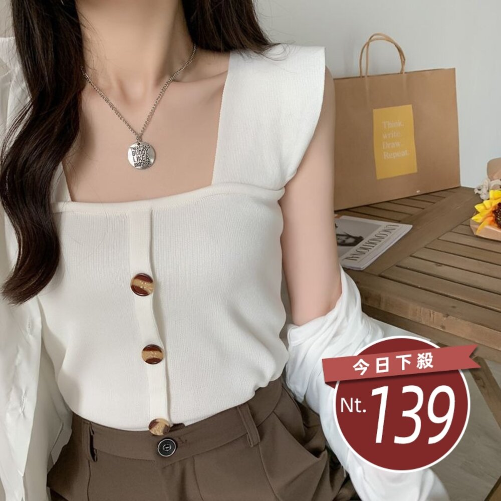 26741279125-【台灣發貨】韓版氣質方領針織上衣 短袖上衣 衣服 女裝 t恤 短袖t恤 上衣【T186】