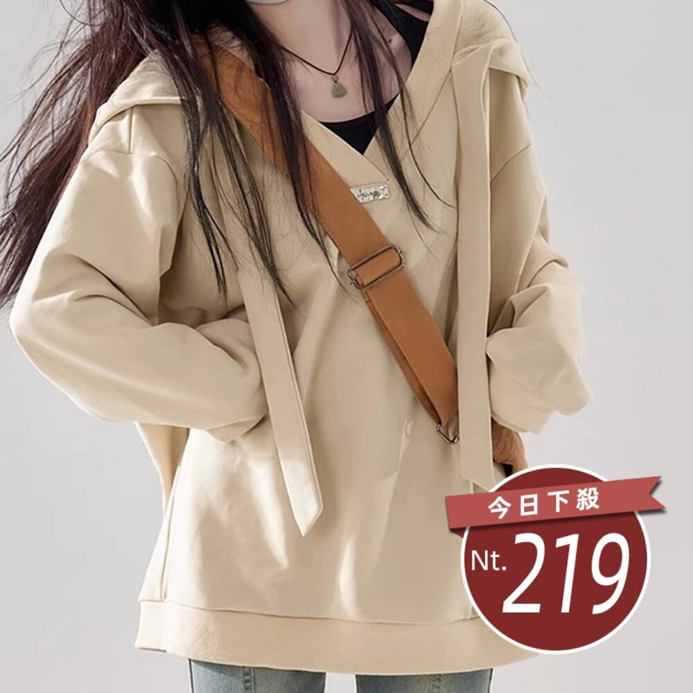 26769380437-【台灣發貨】韓版寬鬆慵懶風連帽長袖上衣 長袖上衣 長袖t恤 衣服 女裝 上衣【W549】