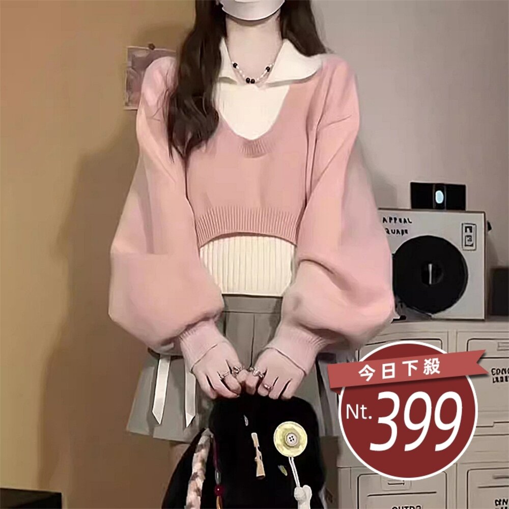 26866284111-【台灣發貨】韓版復古顯瘦疊穿兩件式針織上衣+背心 長袖上衣 長袖t恤 衣服 小可愛 背心 女裝 上衣【W524】