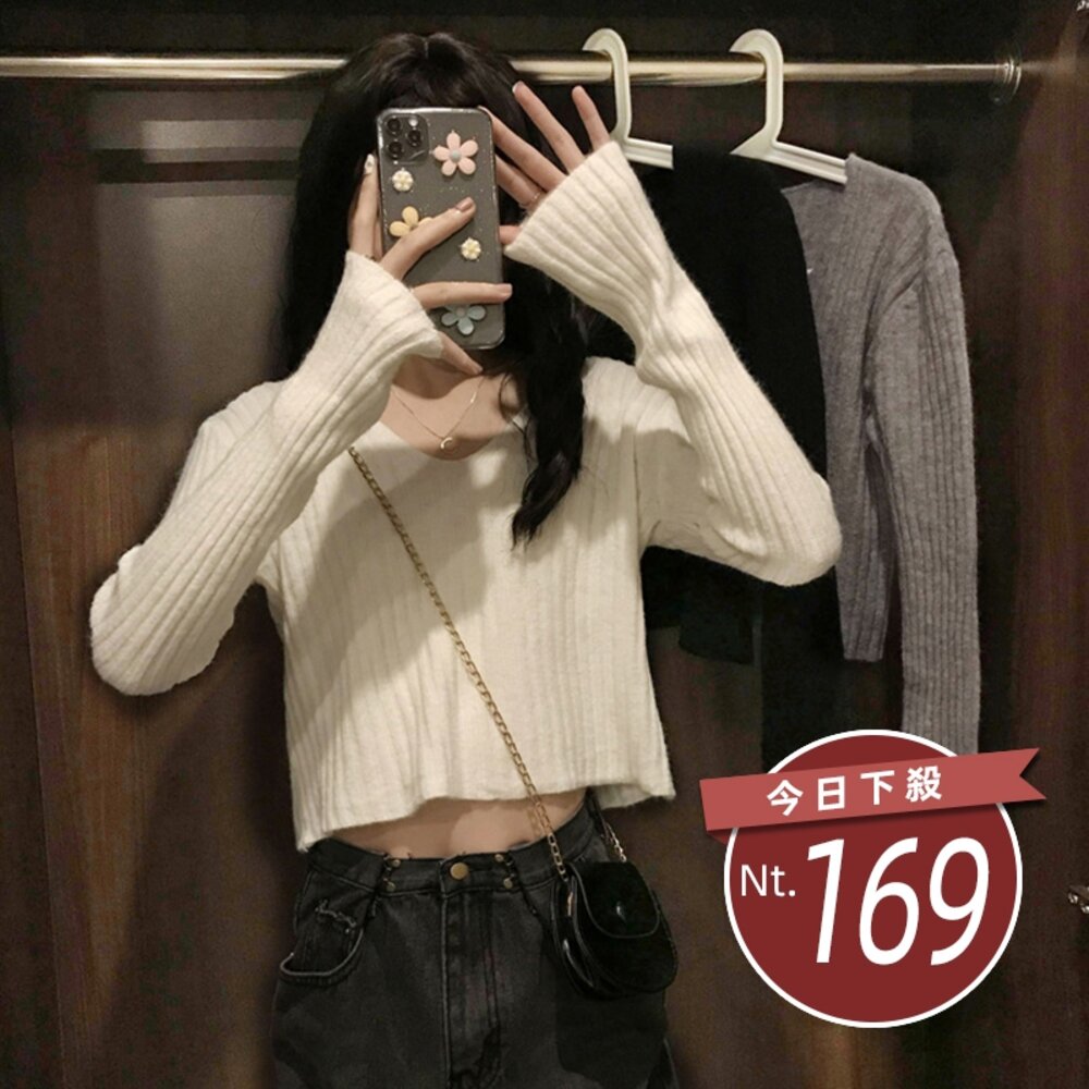 26874191847-【台灣發貨】韓版寬鬆顯瘦V領短版 長袖上衣 長袖t恤 衣服 女裝 上衣【W598】