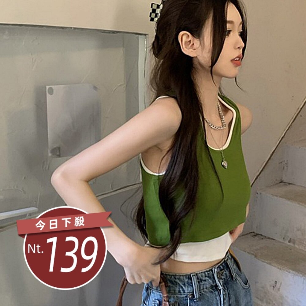 26888004366-【台灣發貨】韓版設計感假兩件運動背心 小可愛 背心 衣服 女裝 上衣【V421】