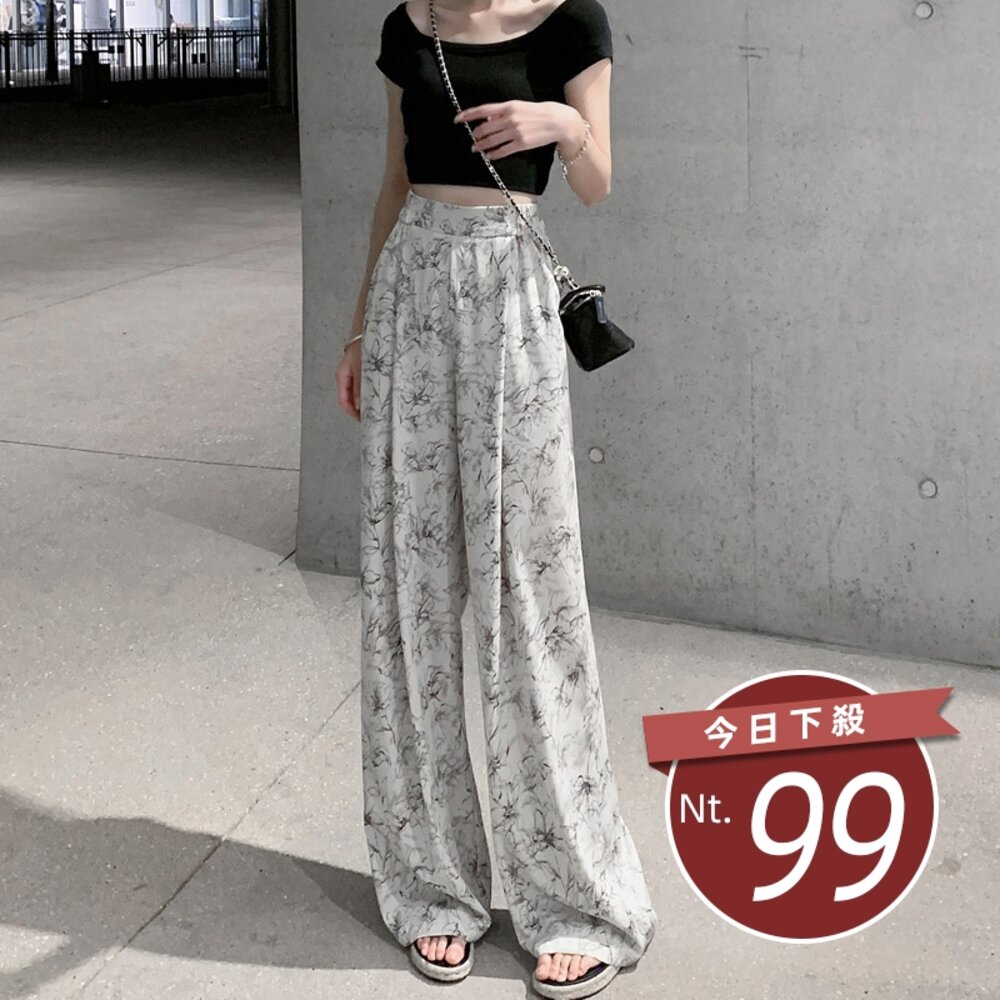 27152818185-【台灣發貨】韓版水墨國風冰絲高腰顯瘦寬褲 寬褲 褲子 女裝【P335】