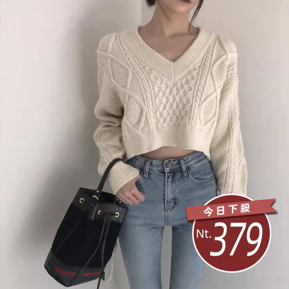 27267259793-【台灣發貨】韓版氣質顯瘦V領露背腰綁針織上衣 長袖上衣 長袖t恤 衣服 女裝 上衣【W259】