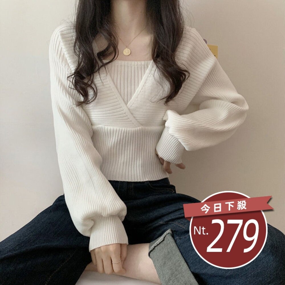 27369122846-【台灣發貨】韓版設計感小眾假兩件方領泡泡袖針織上衣 長袖上衣 長袖t恤 衣服 女裝 上衣【W242】