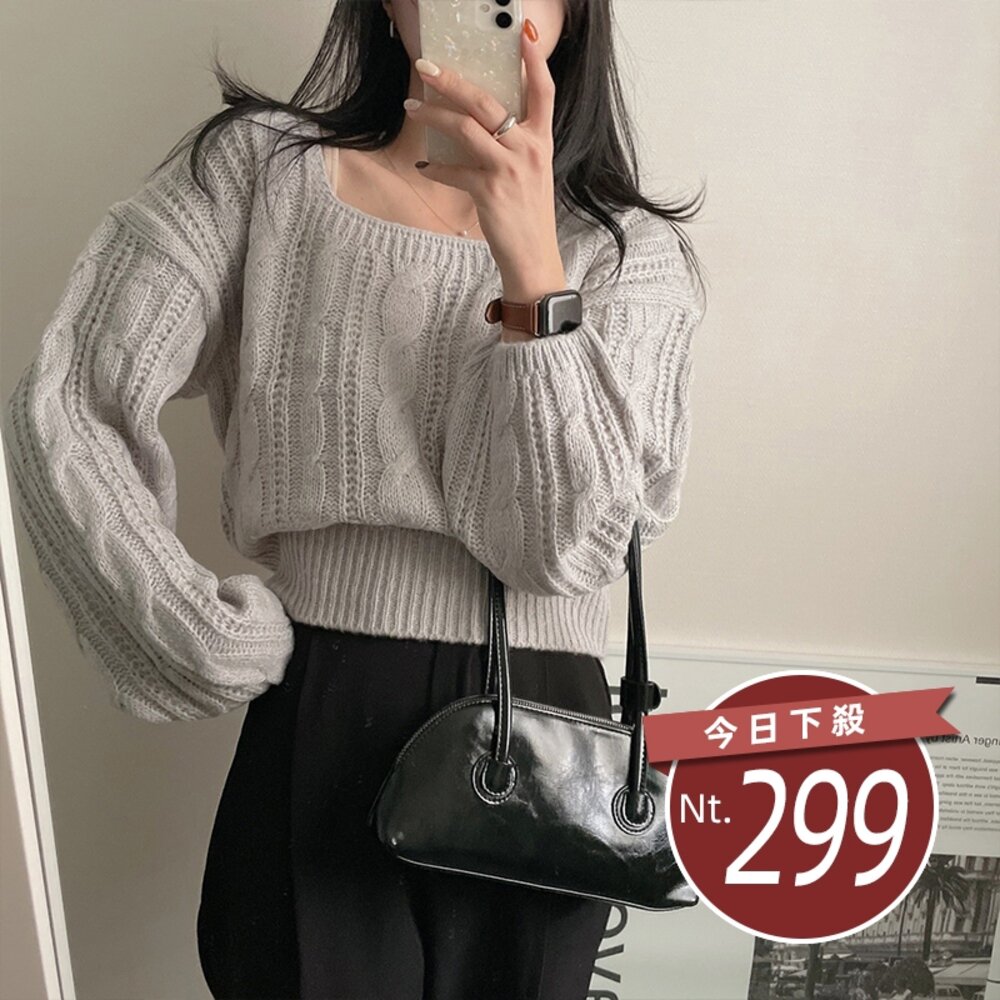 27419148936-【台灣發貨】韓版燈籠袖方領麻花短版針織上衣 長袖上衣 長袖t恤 衣服 女裝 上衣【W545】