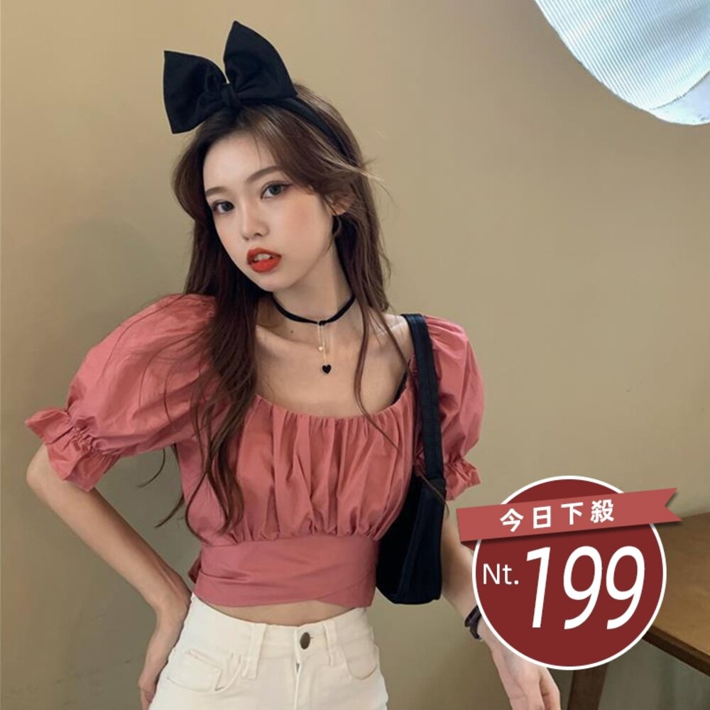 27432435758-【台灣發貨】韓版設計感背繫帶短袖襯衫衣服 女裝 t恤 短袖t恤 上衣【T615】