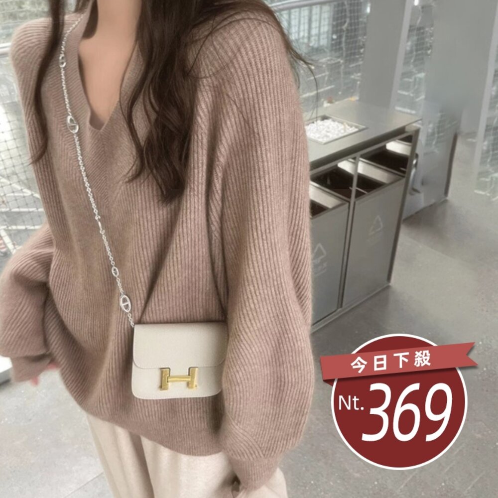 27592878009-【台灣發貨】韓版寬鬆溫柔風V領針織上衣 長袖上衣 長袖t恤 衣服 女裝 上衣【W633】