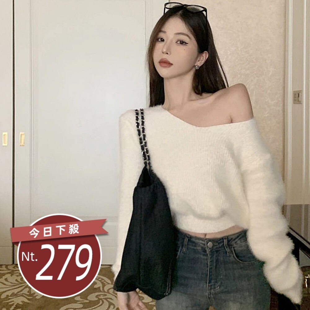 27593181159-【台灣發貨】韓版氣質V領短版毛毛上衣 長袖上衣 長袖t恤 衣服 女裝 上衣【W647】