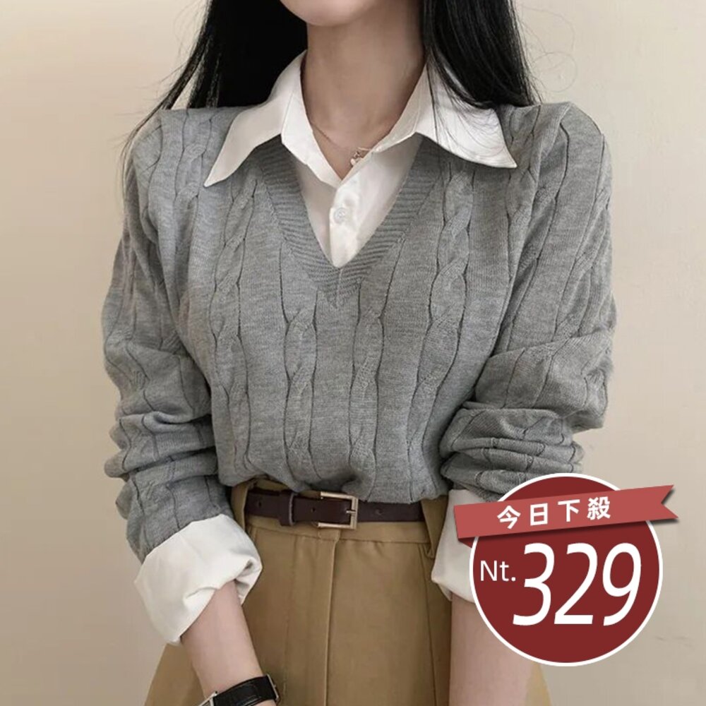 27619152766-【台灣發貨】韓版學院風假兩件針織上衣 長袖上衣 長袖t恤 衣服 女裝 上衣【W467】