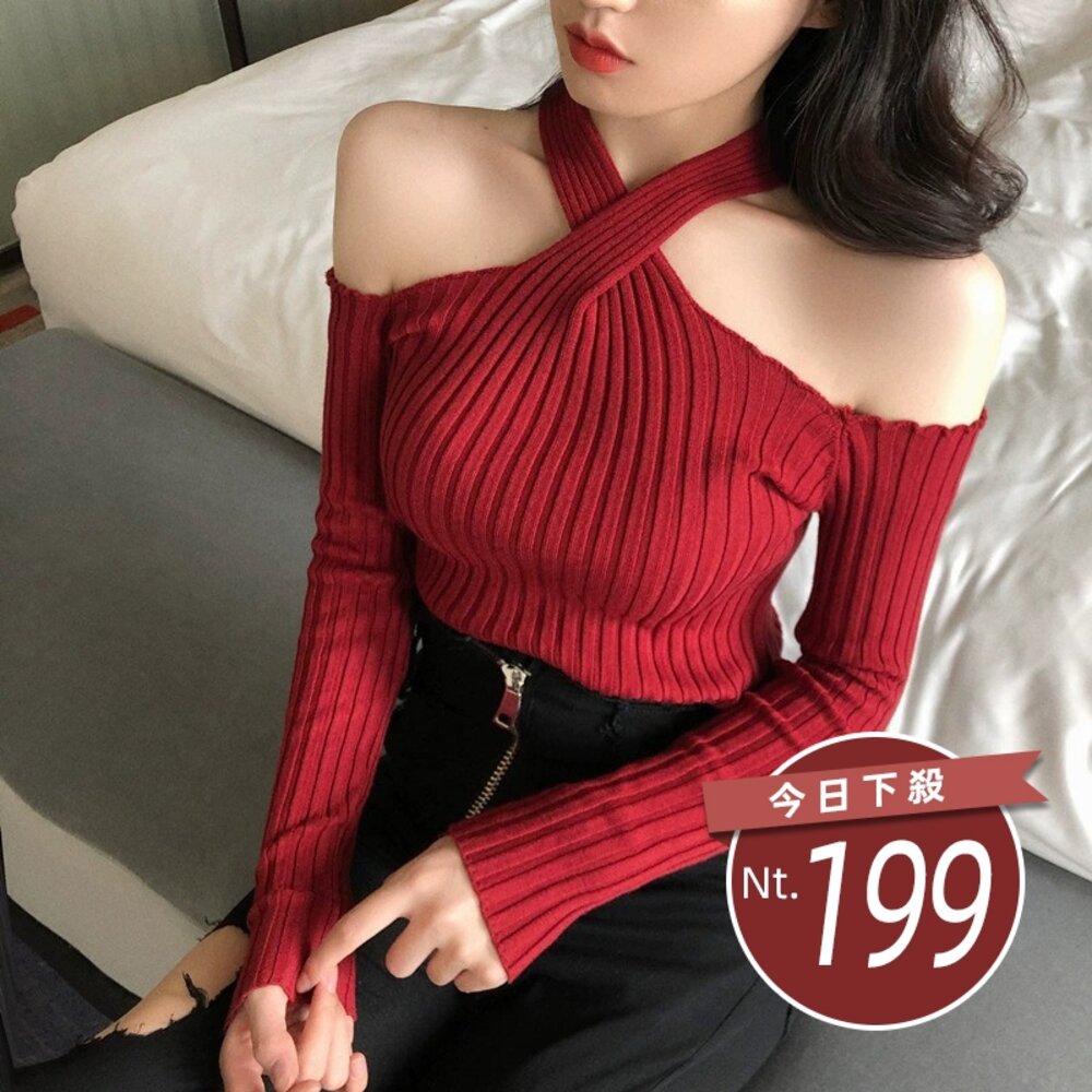 27744143106-【台灣發貨】韓版氣質交叉一字領露肩針織上衣 長袖上衣 長袖t恤 衣服 女裝 上衣【W659】