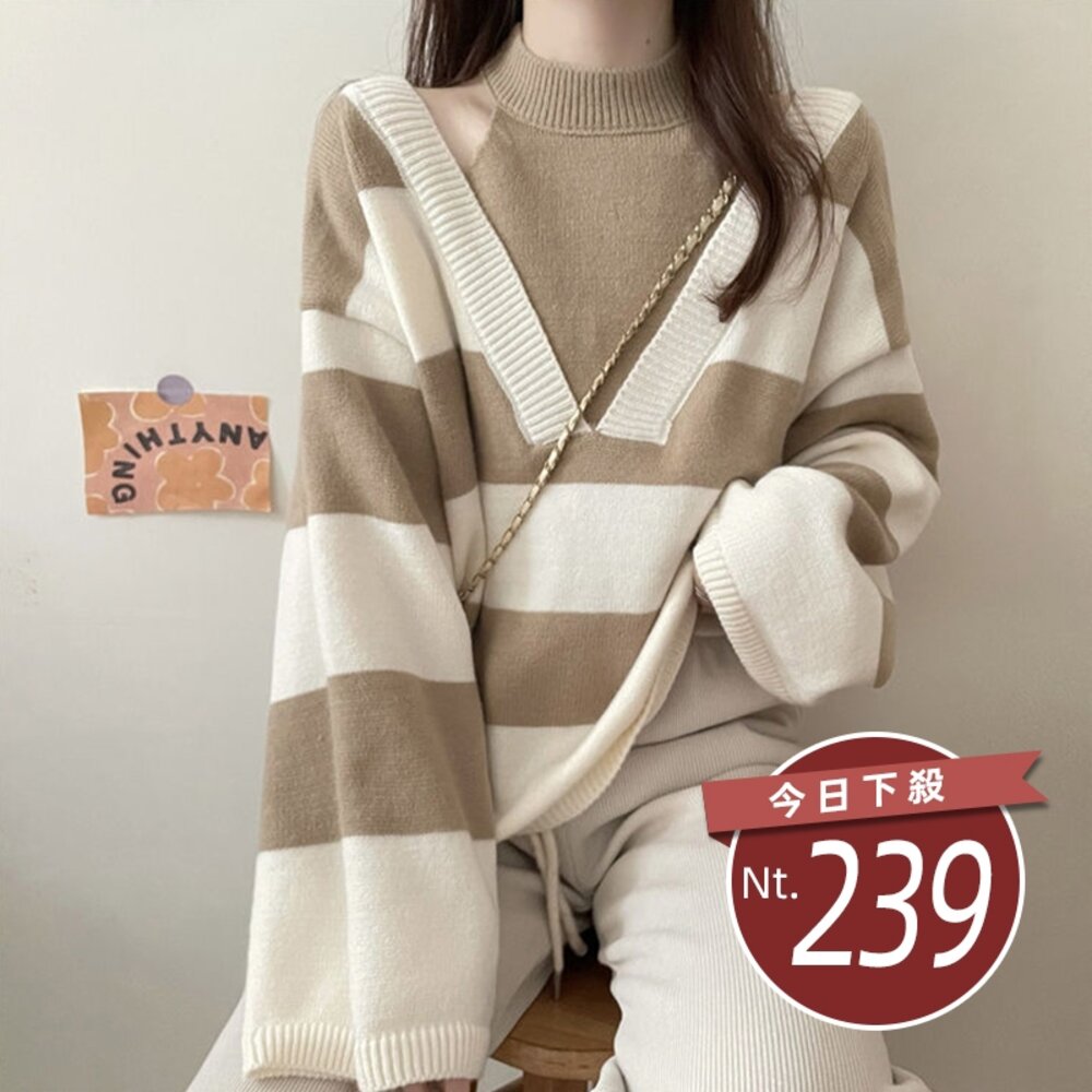 28016296171-【台灣發貨】韓版假兩件露肩寬鬆條紋針織上衣 長袖上衣 長袖t恤 衣服 女裝 上衣【W534】