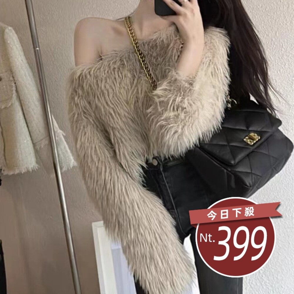 28027599736-【台灣發貨】韓版斜肩氣質毛毛上衣 長袖上衣 長袖t恤 衣服 女裝 上衣【W608】