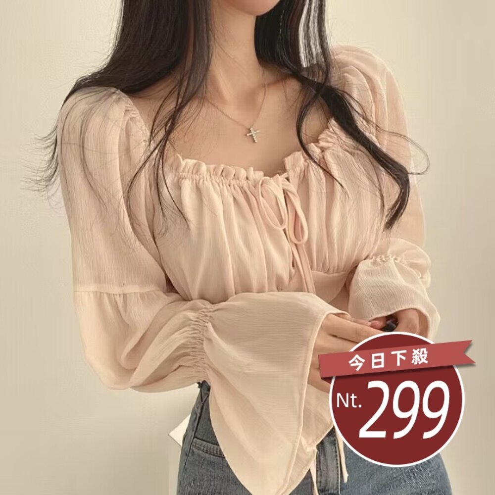28170637550-【台灣發貨】韓版法式氣質方領喇叭袖雪紡襯衫 長袖上衣 長袖t恤 衣服 女裝 上衣【W568】