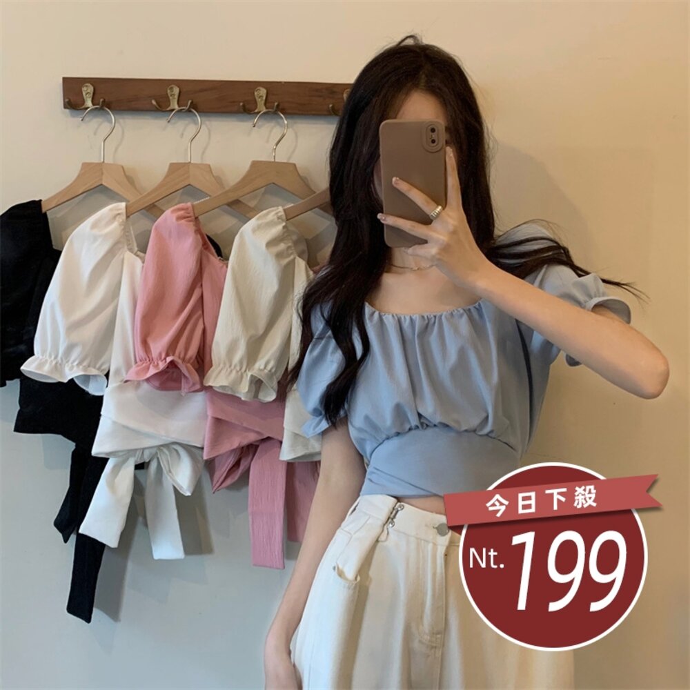 28180832727-【台灣發貨】韓版設計感短版露背綁帶襯衫 衣服 女裝 t恤 短袖t恤 上衣【T615】