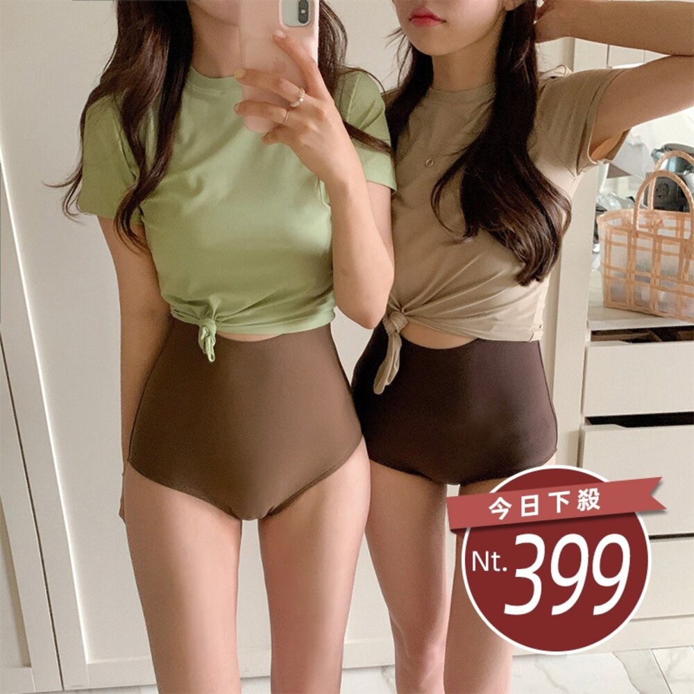 28212568199-【台灣發貨】韓版撞色高腰顯瘦連身泳衣 帶胸墊 連身裙 吊帶裙 吊帶褲 女裝【S133】