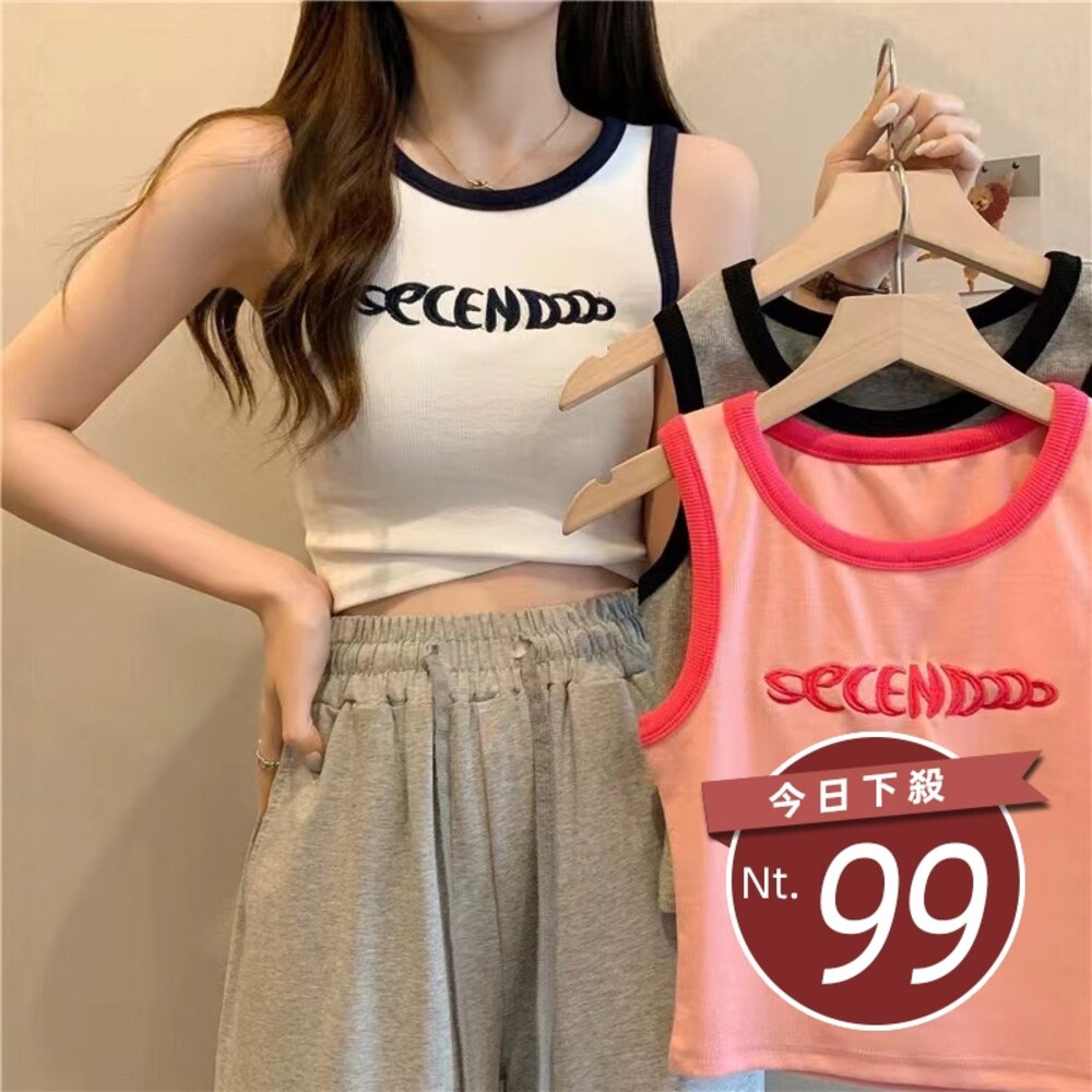 28280854371-【台灣發貨】韓版短版字母顯瘦無袖背心 小可愛 背心 衣服 女裝 上衣【V396】