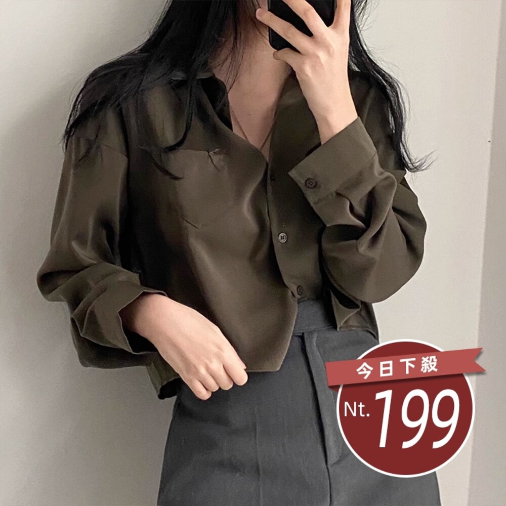 28317876601-【台灣發貨】韓版翻領設計感小眾單排扣襯衫 長袖上衣 長袖t恤 衣服 女裝 上衣【J355】