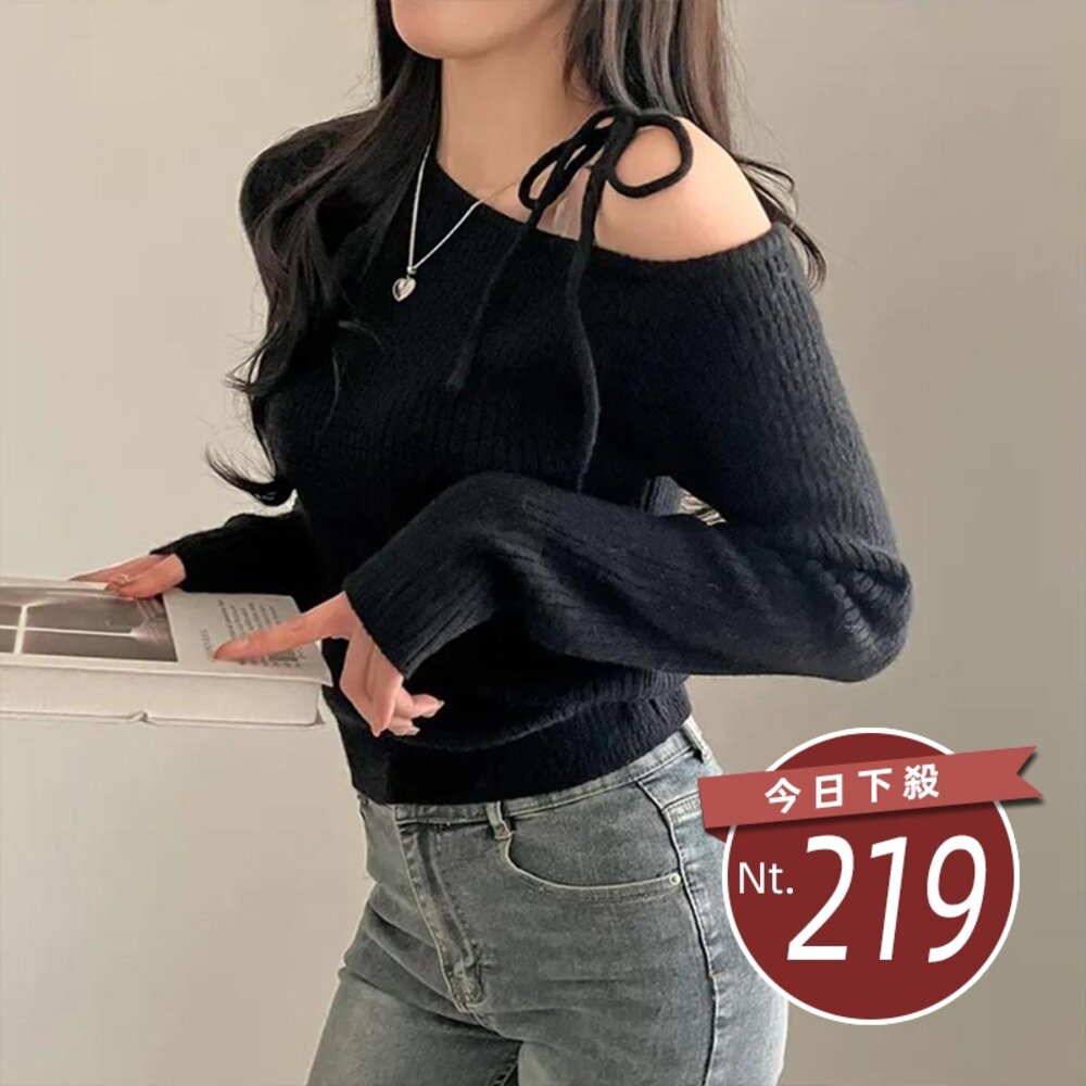 28321930525-【台灣發貨】韓版不規則斜領繫帶針織上衣 長袖上衣 長袖t恤 衣服 女裝 上衣【W521】