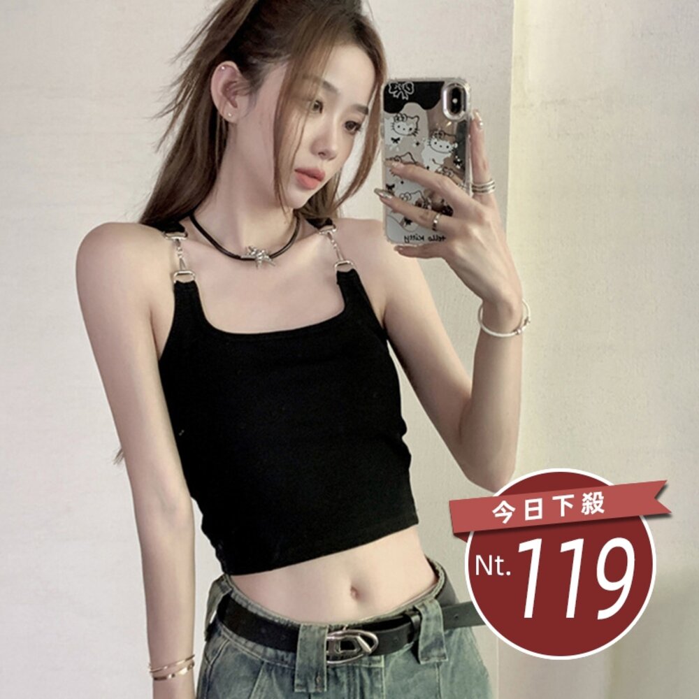 28461175001-【台灣發貨】韓版金屬扣肩顯瘦短版背心 帶胸墊免穿內衣 小可愛 背心 衣服 女裝 上衣【V382】