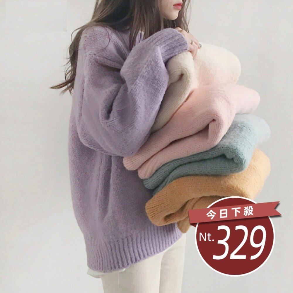 28528324547-【台灣發貨】韓版寬鬆慵懶風圓領毛衣 長袖上衣 長袖t恤 衣服 女裝 上衣【W560】