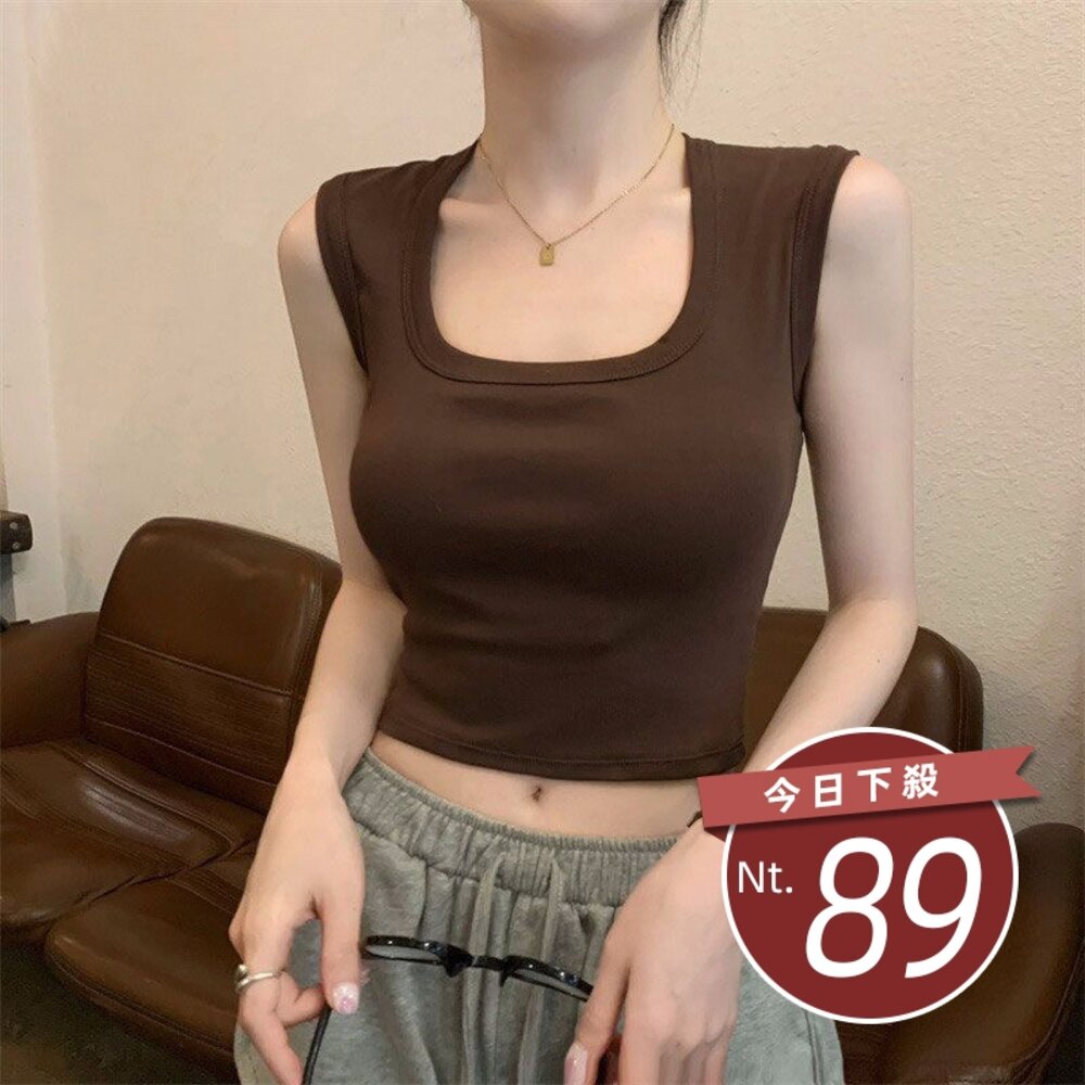 28607351784-【台灣發貨】韓版方領寬肩短版背心 帶胸墊免穿內衣 小可愛 背心 衣服 女裝 上衣【V275】