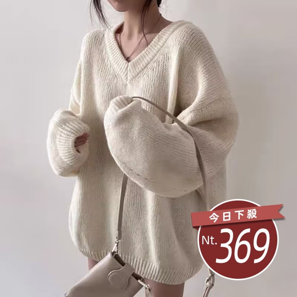 28664119383-【台灣發貨】韓版溫柔寬鬆V領慵懶風長版毛衣 長袖上衣 長袖t恤 衣服 女裝 上衣【W514】