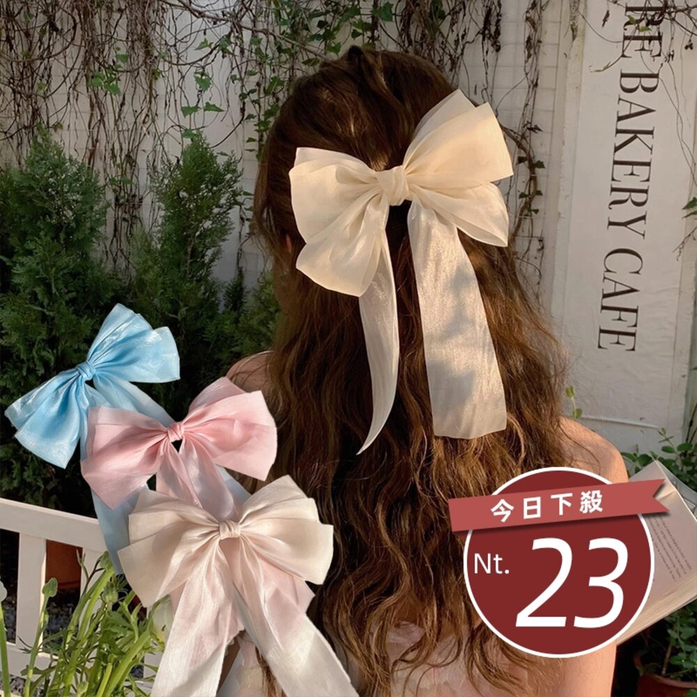 28819325092-【台灣發貨】韓版奶油色系網紗蝴蝶結髮夾【N177】