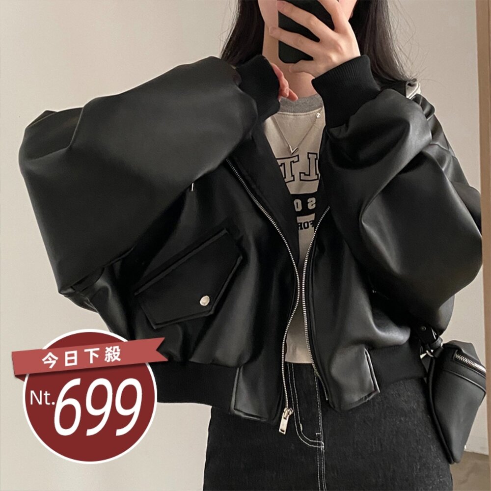 28822448017-【台灣發貨】韓版復古寬鬆假兩件皮衣外套 外套 防曬外套 女裝 上衣 衣服【J375】