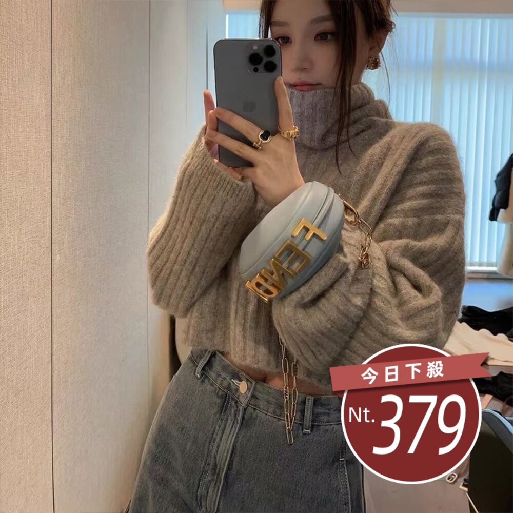 28871359851-【台灣發貨】韓版氣質高領顯瘦短版針織上衣 長袖上衣 長袖t恤 衣服 女裝 上衣【W583】