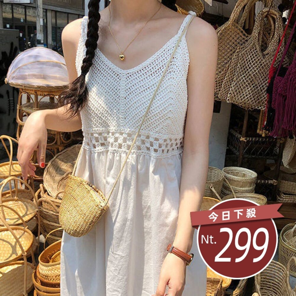 29057988961-【台灣發貨】韓版氣質海邊度假風鏤空洋裝 連身裙 吊帶裙 吊帶褲 女裝【S306】