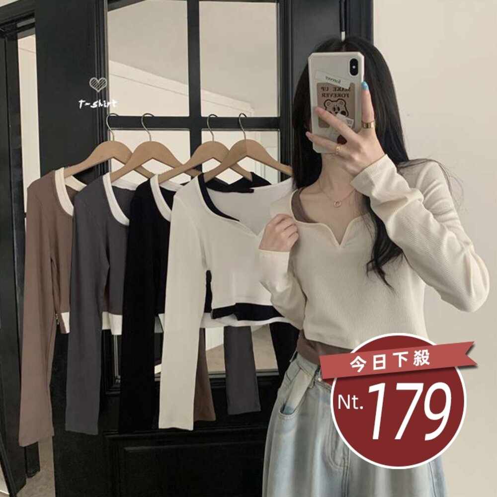 29121396596-【台灣發貨】韓版設計感假兩件短版上衣 長袖上衣 長袖t恤 衣服 女裝 上衣【W588】