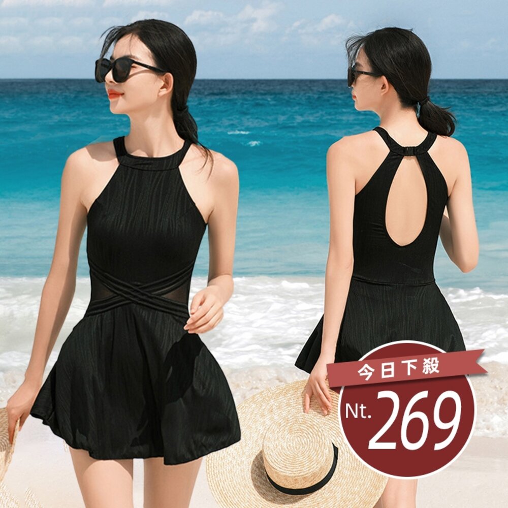 29162855000-【台灣發貨】韓版露背百褶裙連身裙泳裝 帶胸墊 連身裙 吊帶裙 吊帶褲 女裝【S133】