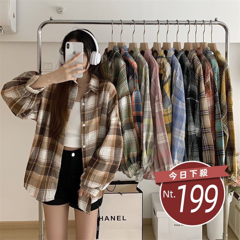 29241883957-【台灣發貨】韓版寬鬆復古格紋襯衫 長袖上衣 長袖t恤 衣服 女裝 上衣【J385】