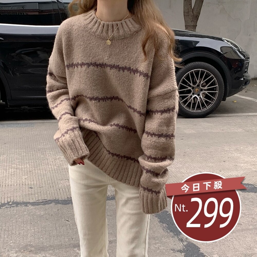 29267261528-【台灣發貨】韓版復古日系慵懶條紋寬鬆毛衣 長袖上衣 長袖t恤 衣服 女裝 上衣【W253】