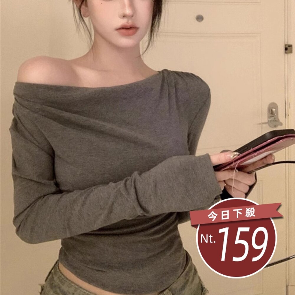 29321401648-【台灣發貨】韓版一字領不規則設計感長袖上衣 長袖上衣 長袖t恤 衣服 女裝 上衣【W590】