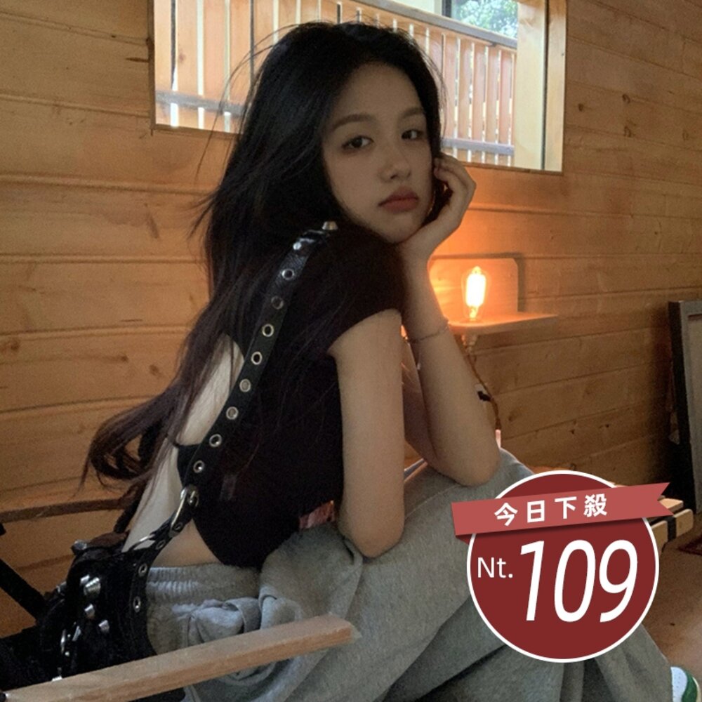 29330832498-【台灣發貨】韓版設計感繫帶露背短袖T恤 衣服 女裝 t恤 短袖t恤 上衣【T586】