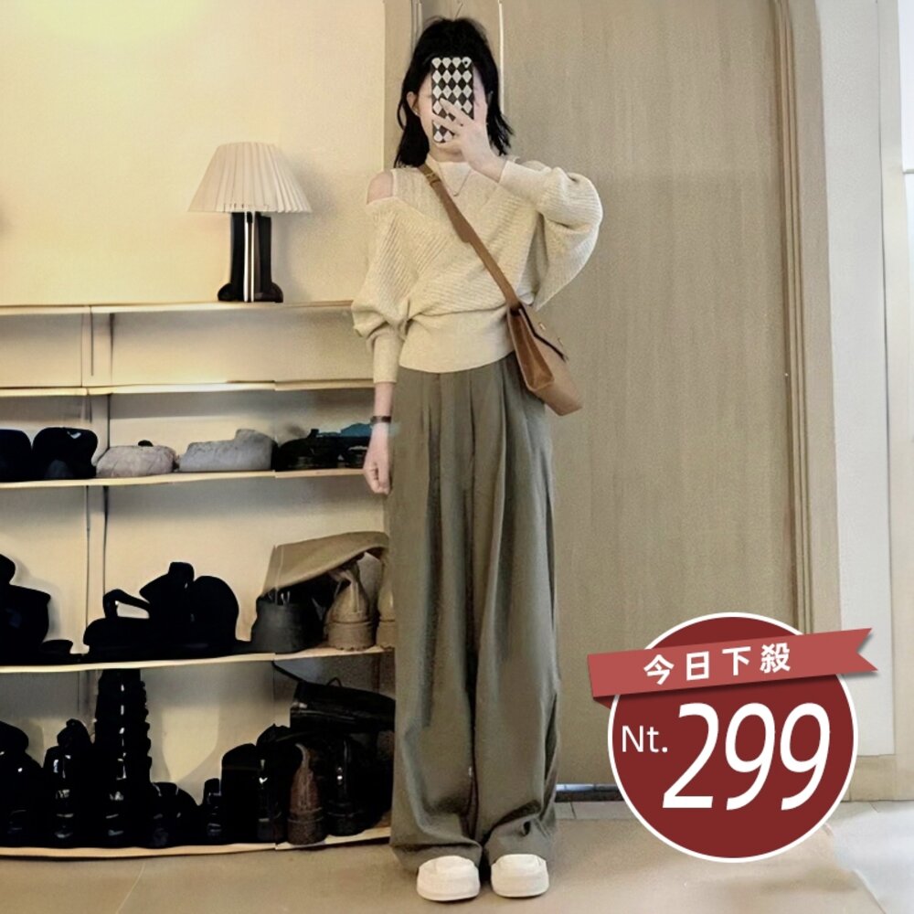 29416286866-【台灣發貨】韓版氣質半高領假兩件露肩針織上衣 長袖上衣 長袖t恤 衣服 女裝 上衣【W535】