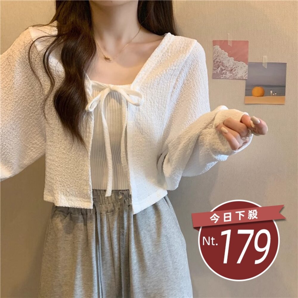 29557187760-【台灣發貨】韓版小眾復古綁帶燈籠袖短版外套 外套 防曬外套 女裝 上衣 衣服【J213】