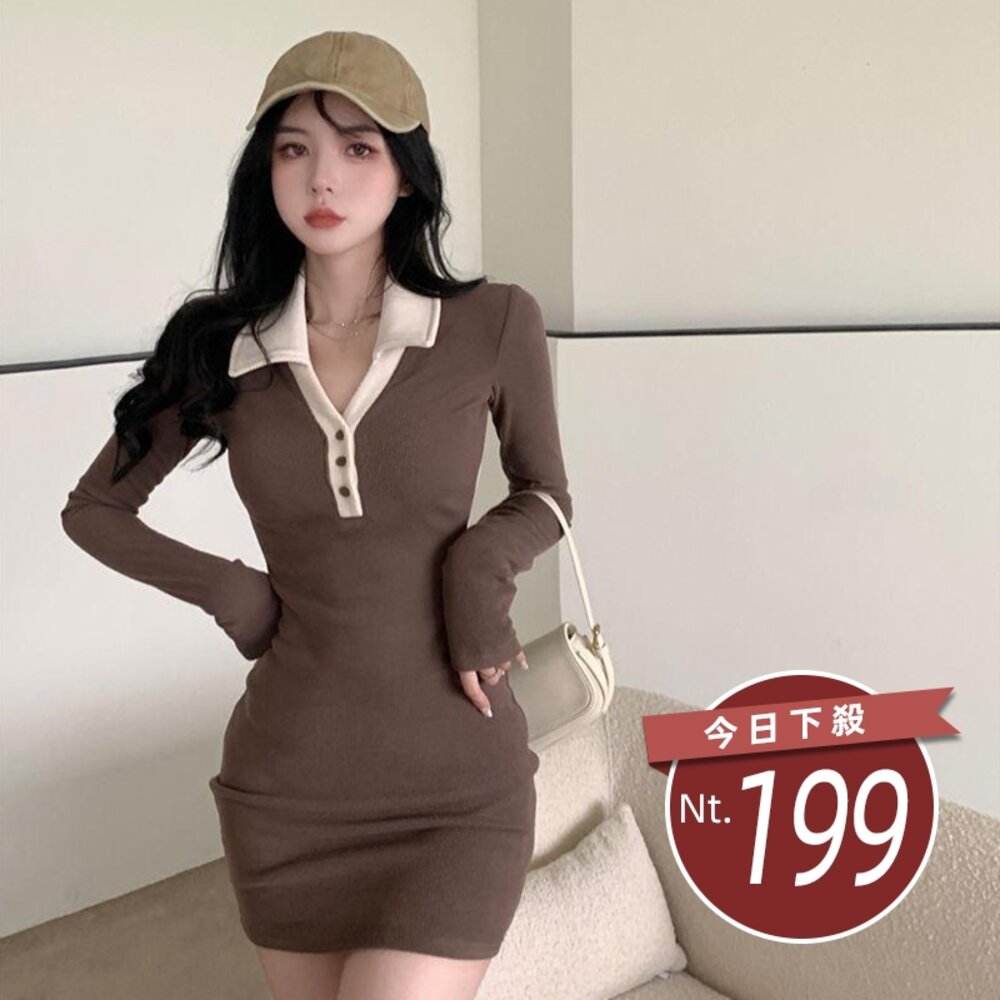 29565059965-【台灣發貨】韓版顯瘦包臀短裙長袖洋裝 套裝 長袖上衣 長袖t恤 衣服 女裝 上衣【W522】