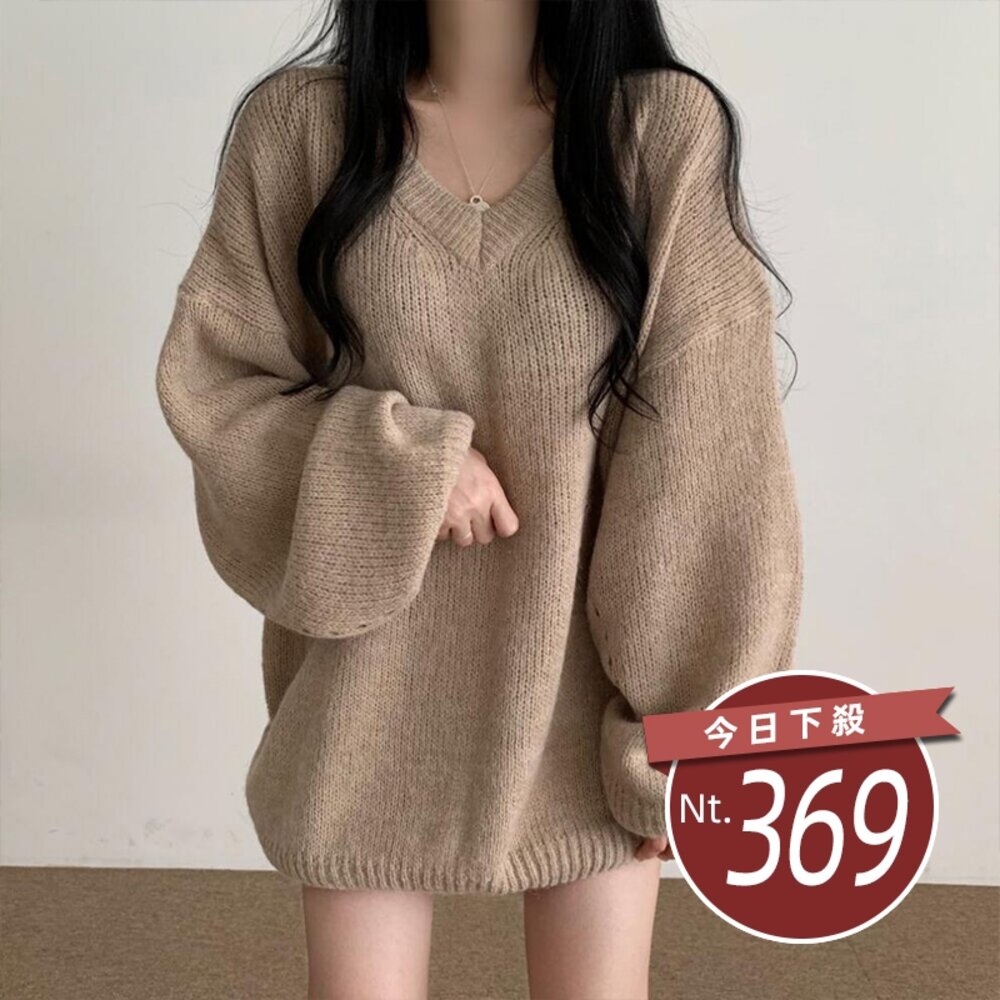 29570651398-【台灣發貨】韓版V領顯瘦長版毛衣 長袖上衣 長袖t恤 衣服 女裝 上衣【W514】