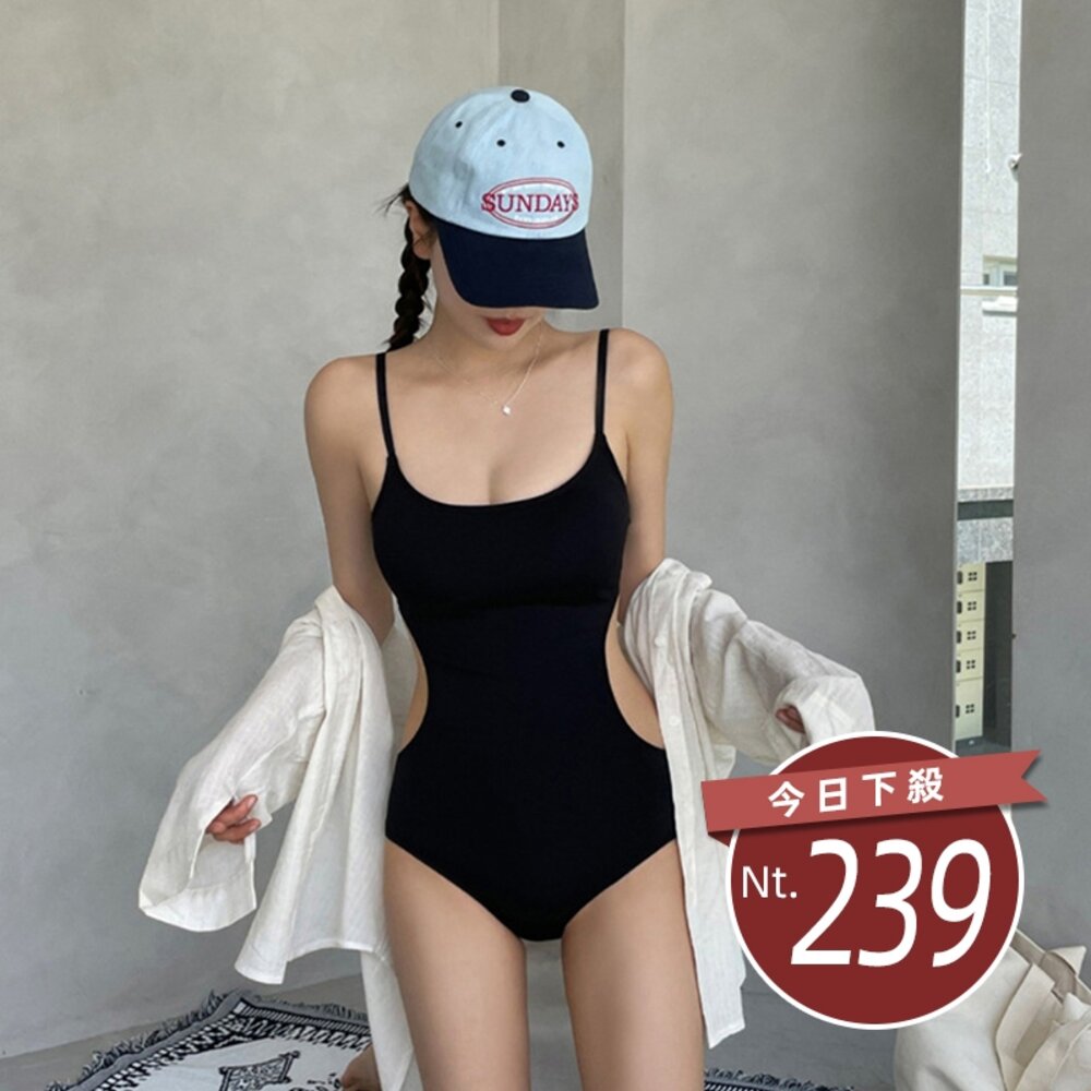 29607939031-【台灣發貨】 韓版吊帶露背顯瘦保守泳衣【S133】