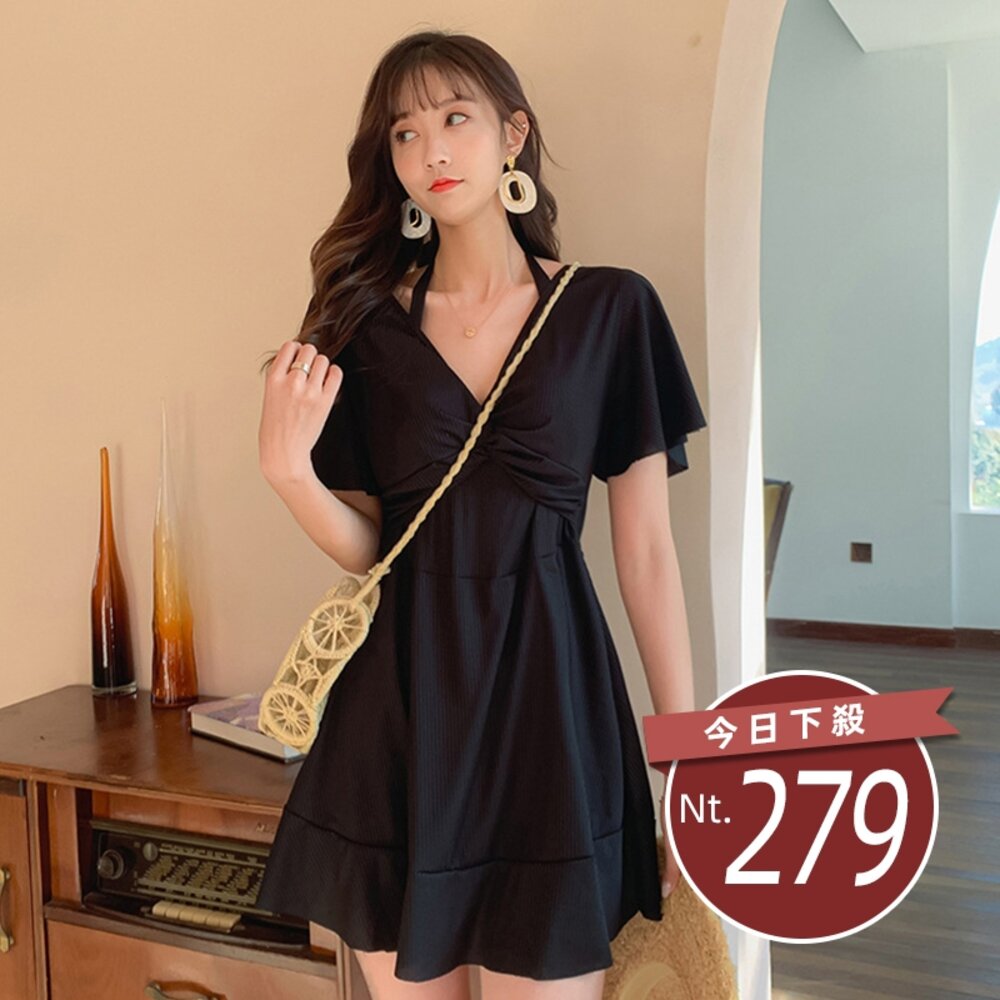 29662625574-【台灣發貨】韓版顯瘦百褶裙連身泳衣 帶胸墊 連身裙 吊帶裙 吊帶褲 女裝【S133】