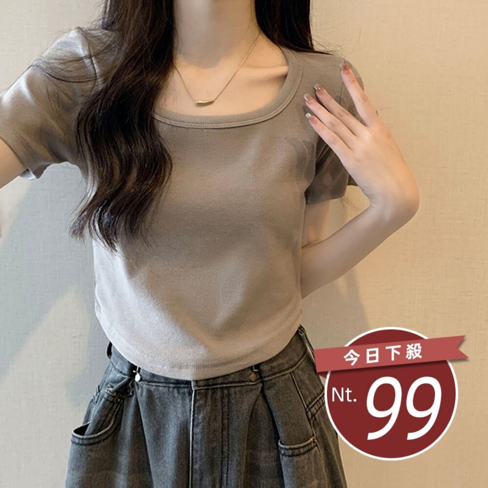 29801330808-【台灣發貨】韓版修身顯瘦弧形下擺短版上衣 衣服 女裝 t恤 短袖t恤 上衣【T598】